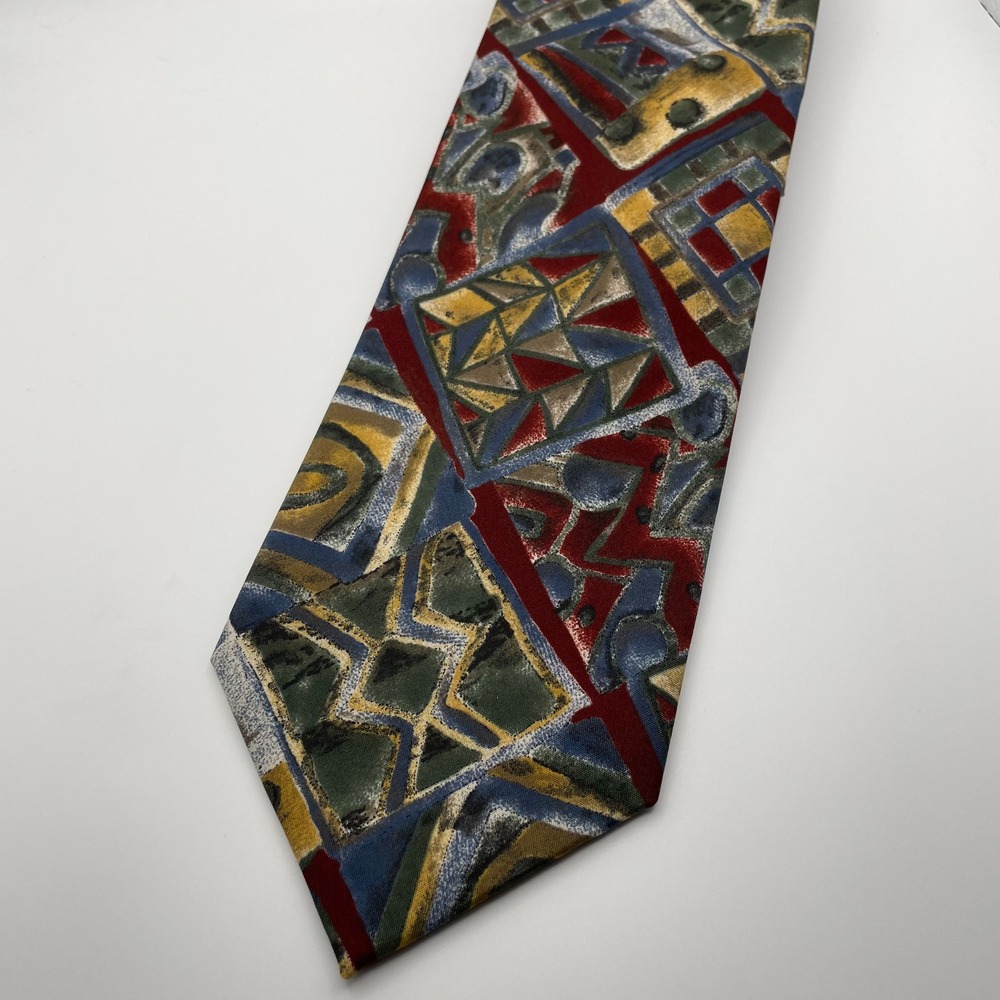 GIORGIO Mens Necktie Abstract Geometric Red Gold Green Blue Pattern